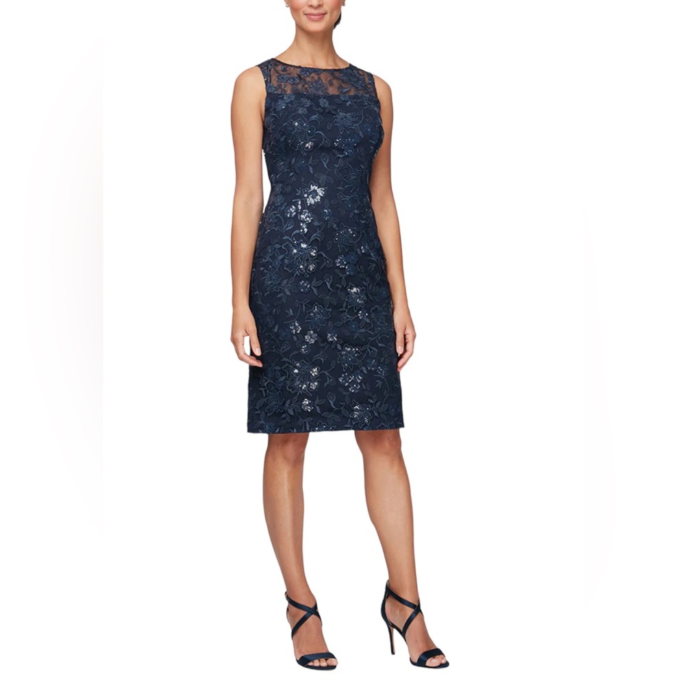 Alex Evenings Short Embroidered Sheath Dress with Illusion Neckline SZ 12